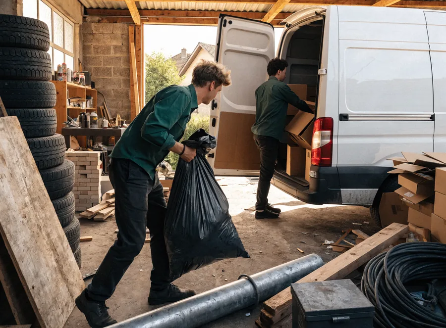 Team räumt eine vollgestellte Garage und verlädt in den Transporter