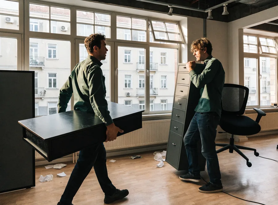 Team räumt ein Büro – Schreibtische, Stühle, Aktenschrank