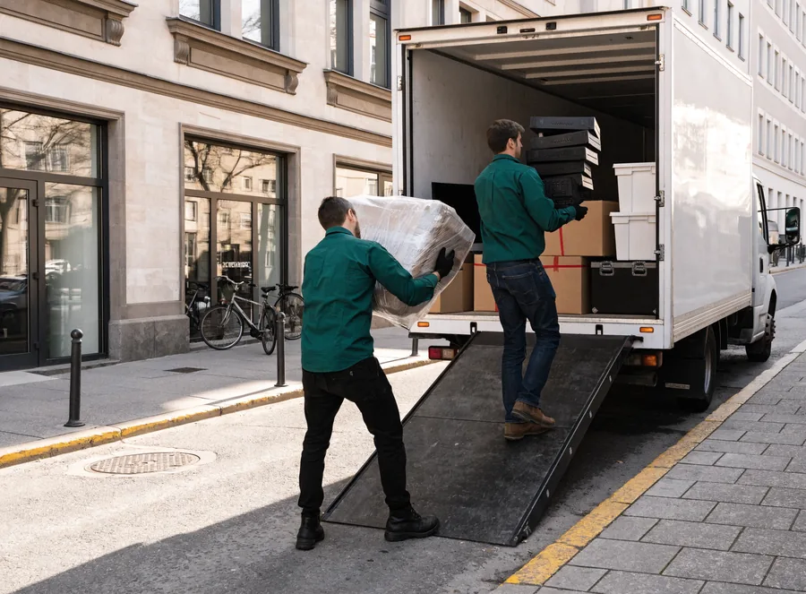 Mitarbeiter verladen Büromobiliar vor einem Gewerbegebäude in den Transporter