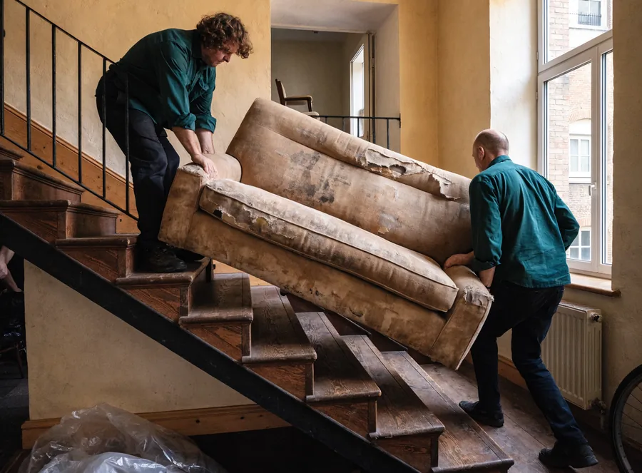 Mitarbeiter tragen eine alte Couch durchs Treppenhaus