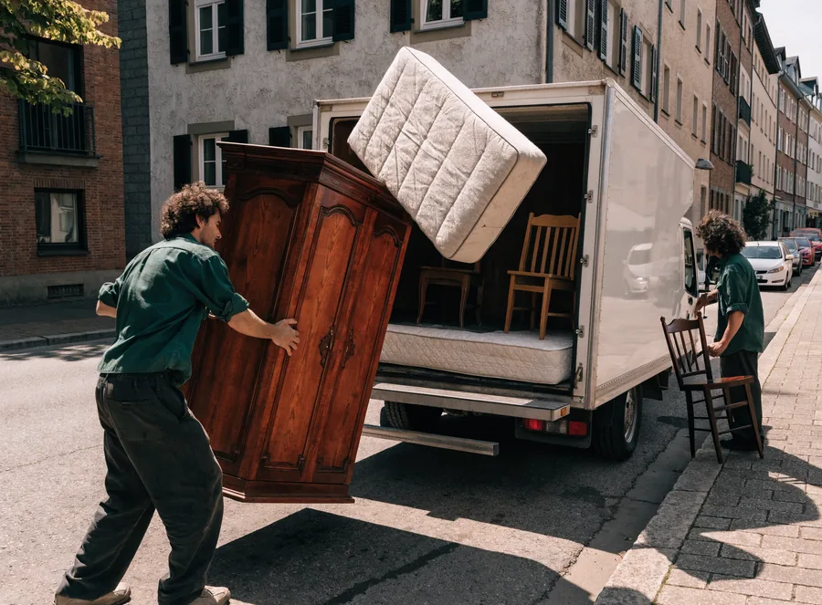 Mitarbeiter verladen alte Möbel in einen Transporter