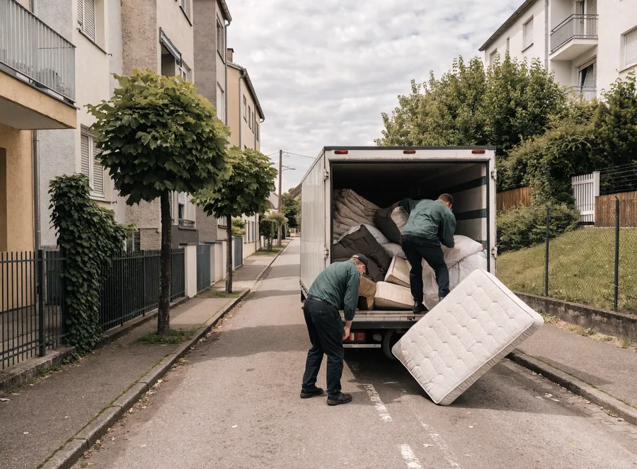 Mitarbeiter verladen Sperrmüll in einen Transporter