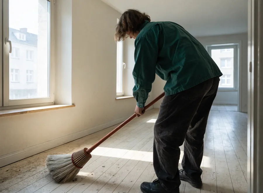 Mitarbeiter fegt die leer geräumte, besenrein übergebene Wohnung